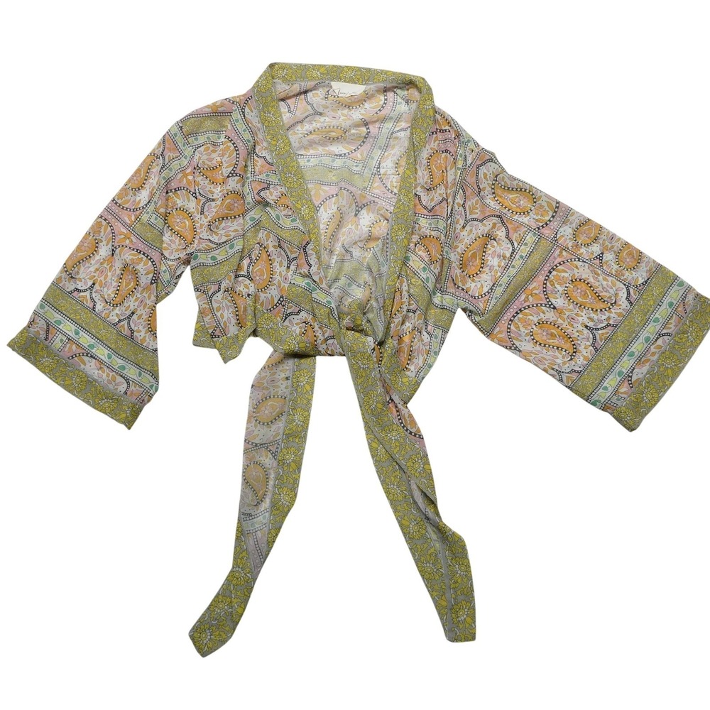 Anthropologie Blouse Womens One Size Multicolor Paisley Kimono Tie Front Chiffon